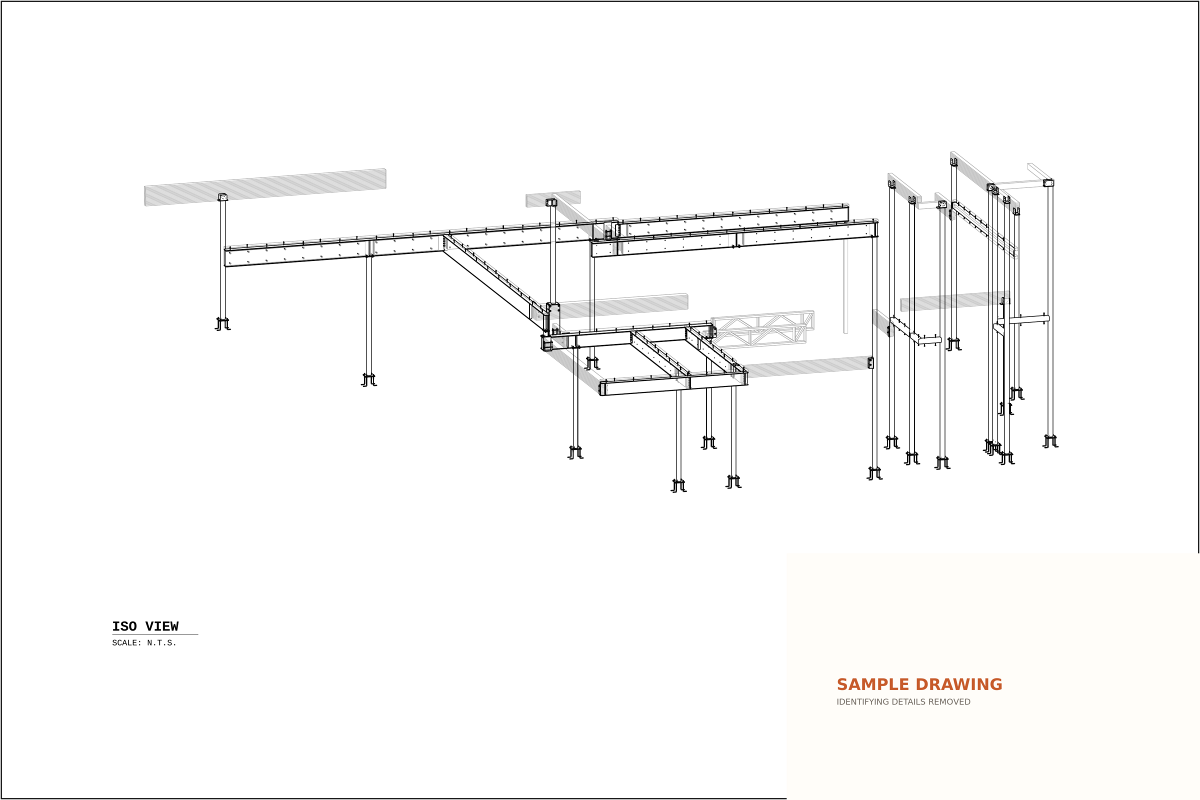 Redacted fabrication drawing showing an isometric steel assembly overview