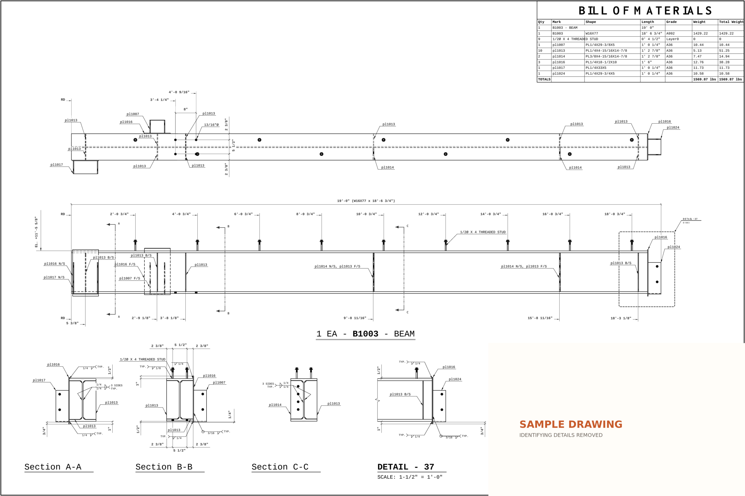 Redacted steel beam fabrication detail with sections, dimensions, and bill of materials