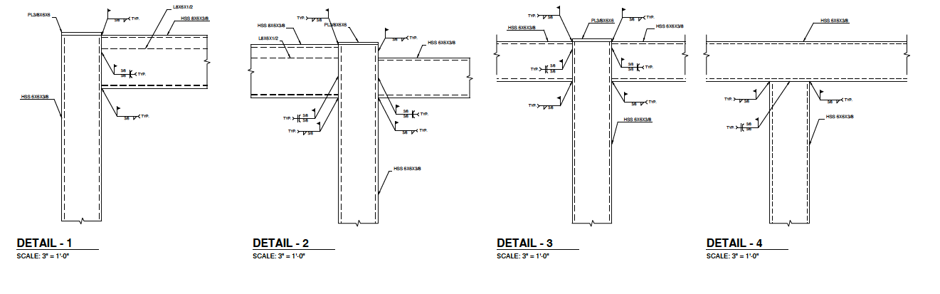Four enlarged structural steel beam and column connection details